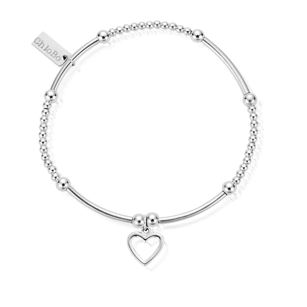The ChloBo Cute Mini Open Heart Bracelet features silver beads, a delicate open heart charm, and a “Chlobo” tag near the clasp—perfect for a dainty, stylish look.