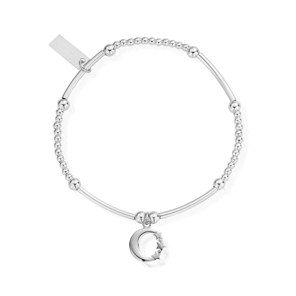 The ChloBo Cute Mini Moon & Stars Bracelet in sterling silver features beaded details, tube accents, and a delicate moon and star charm, beautifully displayed on a white background.