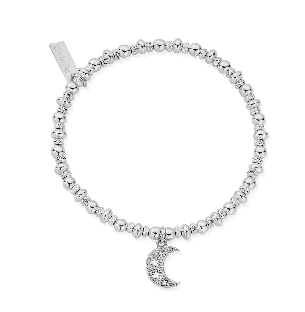 The ChloBo Didi Sparkle Starry Moon Bracelet features silver beads, a crystal-studded crescent moon charm, and a rectangular tag near the clasp, inspired by iconic ChloBo charms.