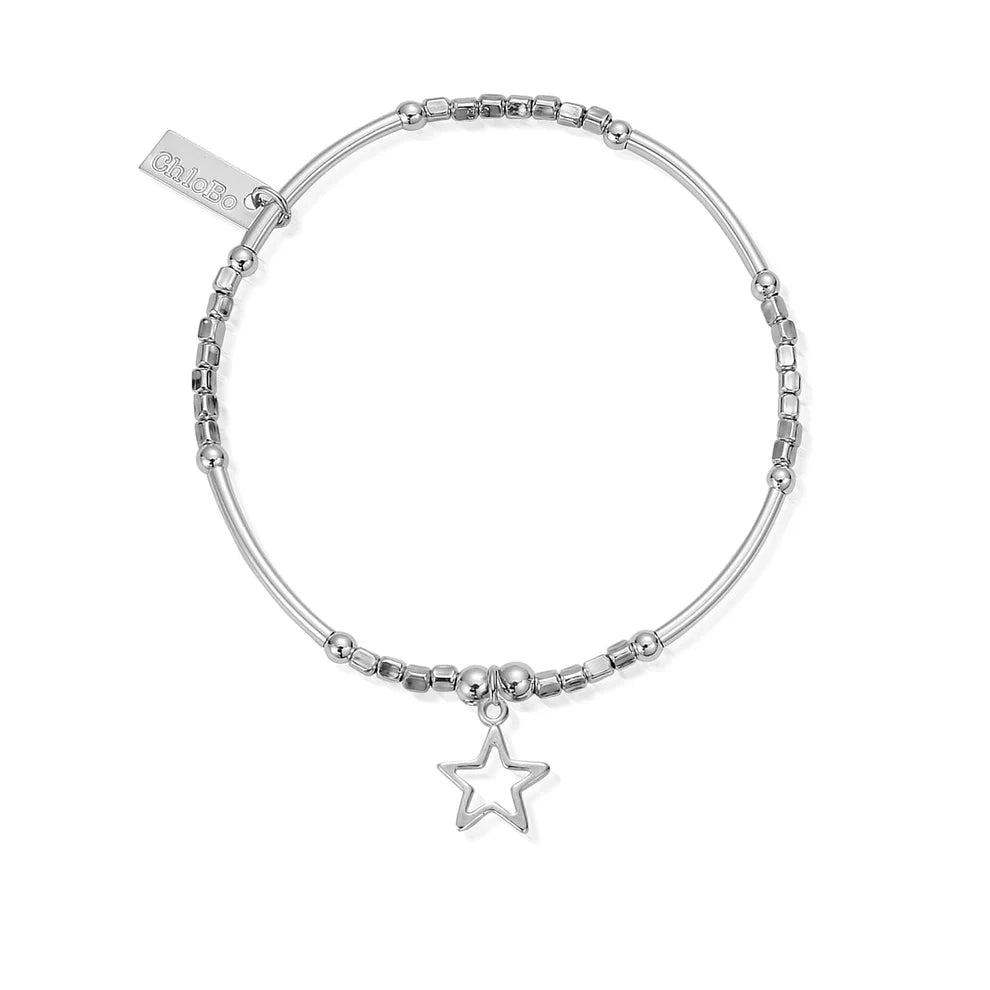 The ChloBo Mini Noodle Cube Open Star Bracelet features silver beads, an open star charm, and a rectangular tag. Stylish and inspirational, it makes a thoughtful gift for her. Shown on a white background.