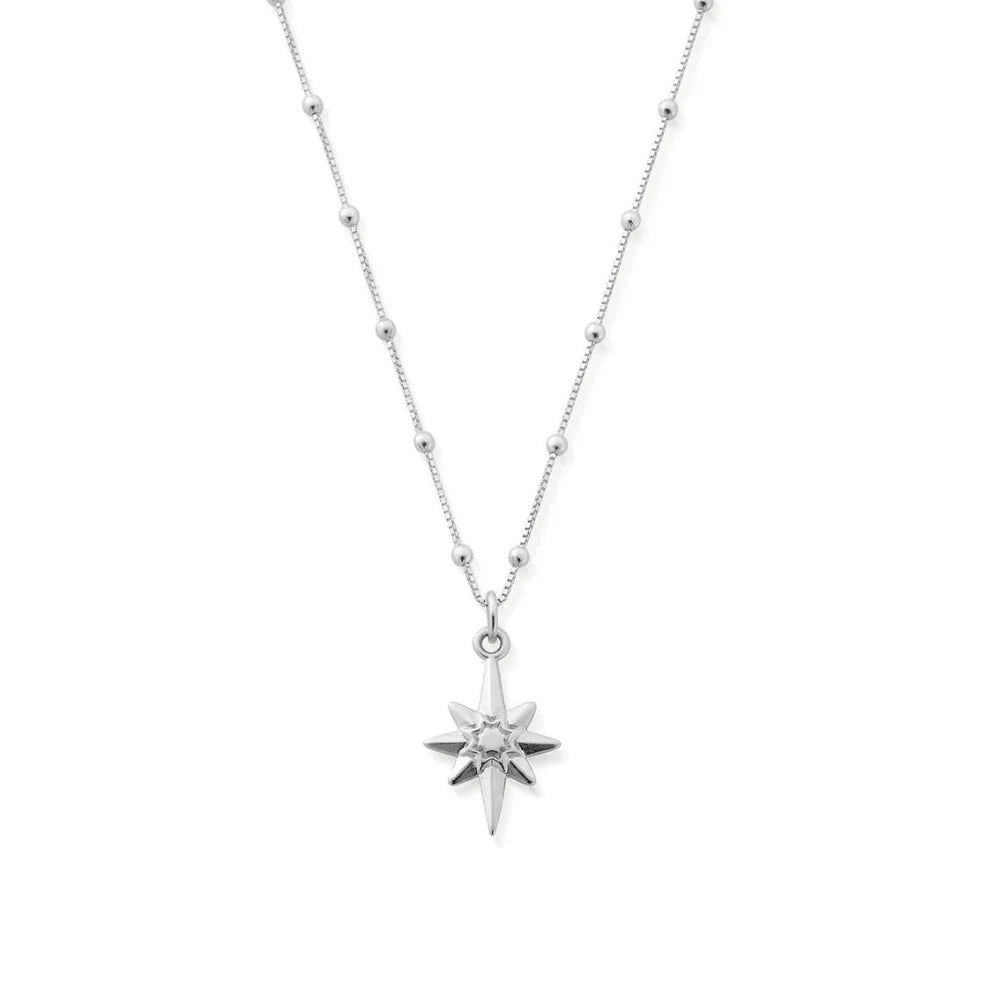 The ChloBo Bobble Chain Lucky Star Necklace features a silver chain with evenly spaced small beads and a star pendant with a central clear gemstone—ideal for layering with any outfit.
