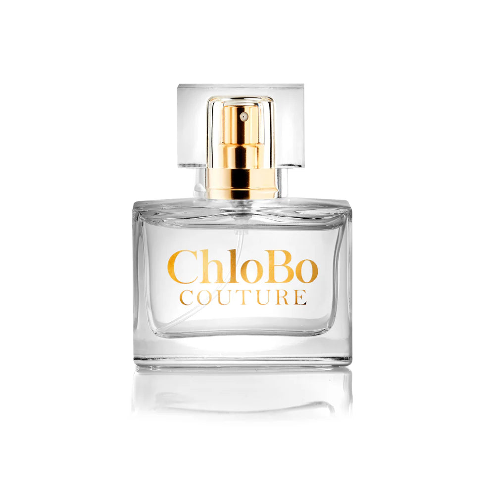 A clear glass bottle with a gold spray cap and "ChloBo Couture" in gold on the front holds ChloBo Couture Eau de Parfum | 30ml—a luxurious, cruelty-free fragrance.
