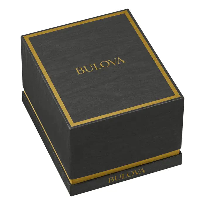 A black rectangular Bulova box with gold trim, featuring the brand name "Bulova" on the lid and base, is perfect for presenting the Bulova Ladies Classic Two-Tone Brown Dial Diamond Watch (98R230).