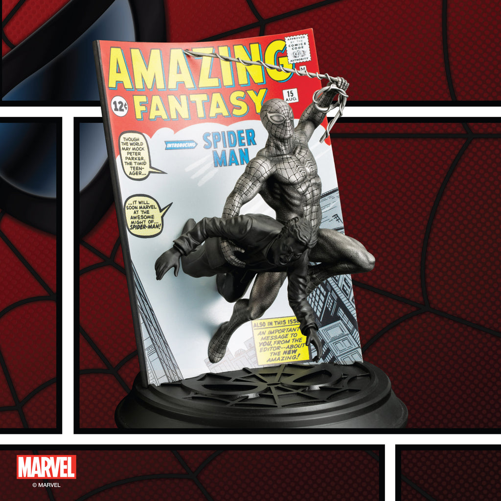 A Limited Edition Spider-Man Amazing Fantasy #15 0179017 statue on top of a magazine cover.
