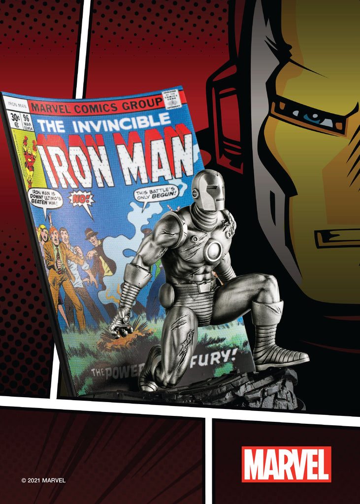 A statue of The Invincible Iron Man #96 Limited Edition (pre-order) with a magazine next to it.