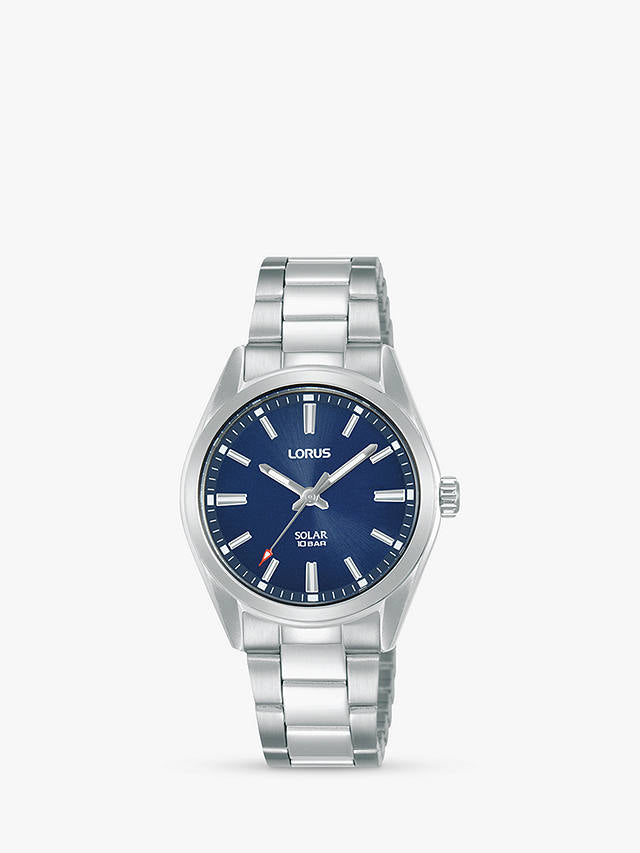 A Lorus Women’s Classic Solar Bracelet Strap Watch, Silver/Blue RY501AX9 with a blue dial on a white background.