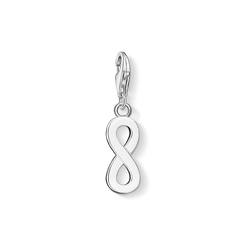 A silver charm pendant infinity with a number eight.