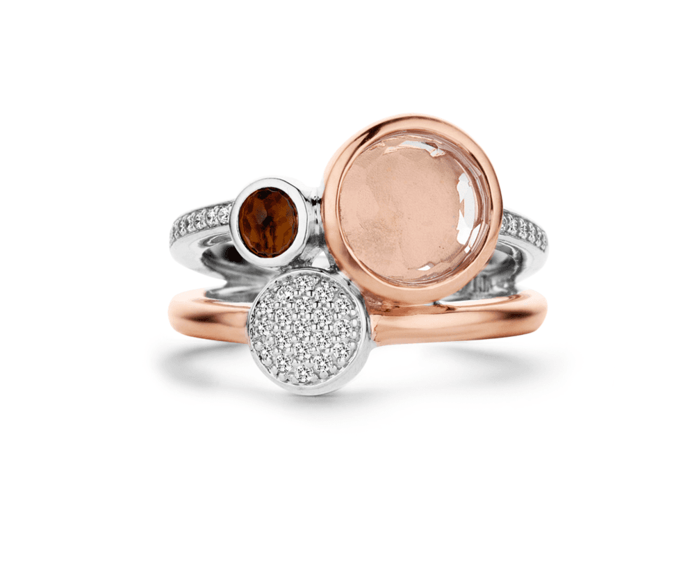 A Ti Sento Ring – Double Ring 12138 in rose gold with a morganite stone and diamonds.