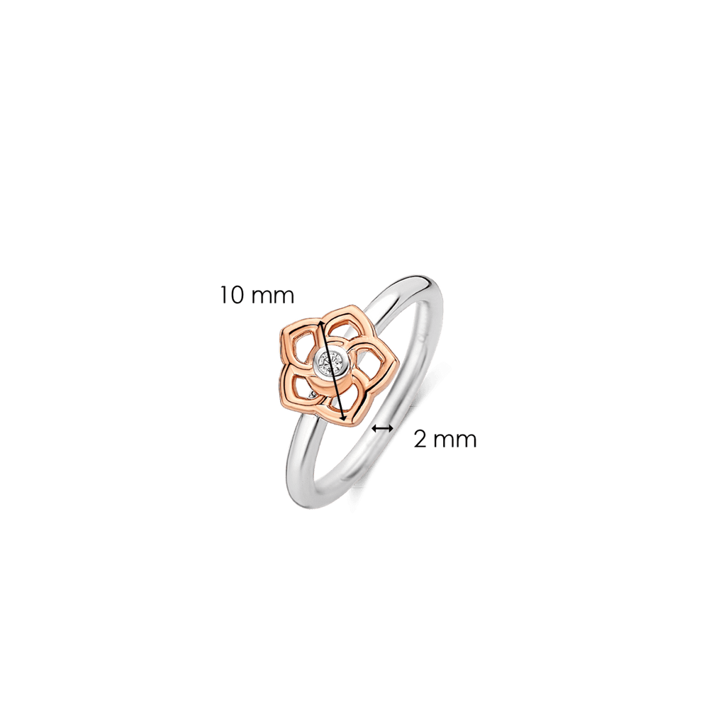 A white and rose gold TI SENTO FLOWER RING with diamonds.