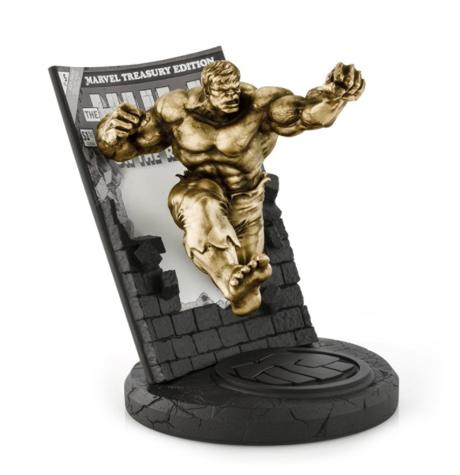 A Hulk Marvel Treasury Edition Limited Edition Gilt #5 statue of a man jumping over a stone wall.