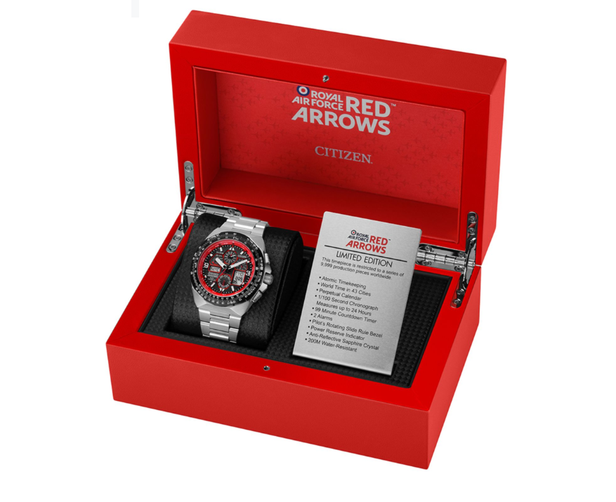 Citizen RED ARROWS LIMITED EDITION SKYHAWK A.T watch in a red box.