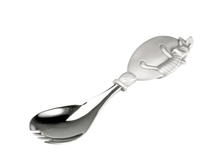 A silver Winnie the Pooh Piglet Spork – 0175001 with a cat on it.