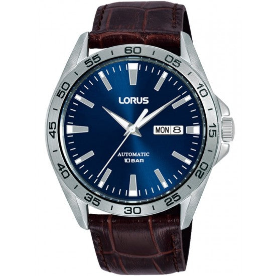 Lorus Mens Automatic Strap Watch RL487AX9 with blue dial and brown leather strap.