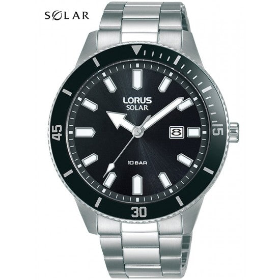 A close up of a Lorus Mens Solar Bracelet Watch RX311AX9.
