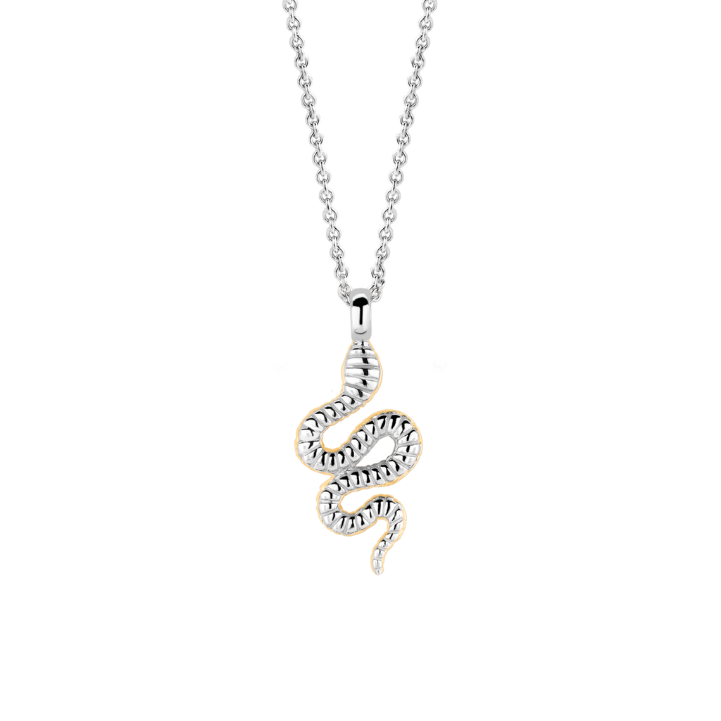 A TI SENTO Milano Snake Necklace 3923SY with diamonds on a black background.