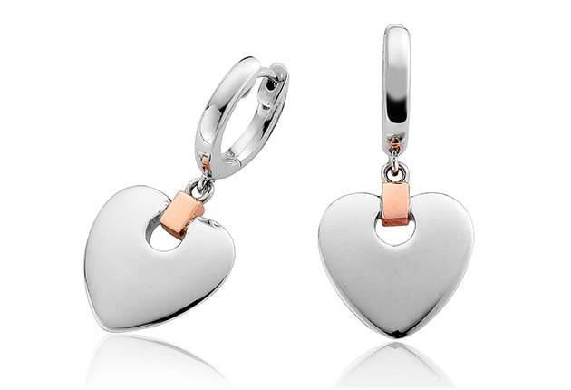A pair of Clogau Cariad® Heart Drop Earrings in silver and rose gold. 3SCDE010