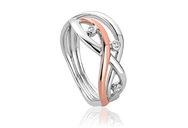 A white and rose gold Clogau Swallow Falls Ring 3SCTWIR with diamonds.
