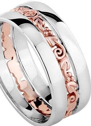 A white and rose gold Clogau Tree of Life® Ring 3SETOLR4 wedding ring.