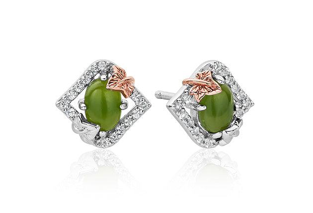 A pair of NEW Clogau Ivy Leaf Green Jasper and White Topaz Stud Earrings 3SIVL0341 with green jade and diamonds.