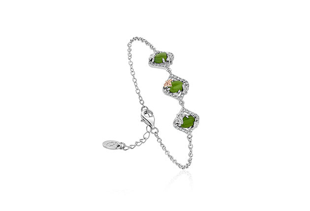 A NEW Clogau Ivy Leaf Green Jasper and White Topaz Bracelet 3SIVL0342 with green stones and a chain.