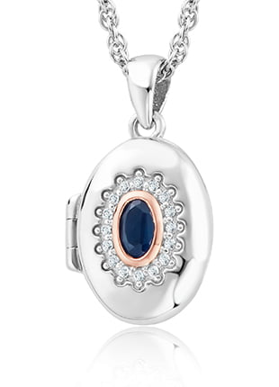 The "Princess Diana Sapphire Locket" is a silver and rose gold locket with a blue sapphire.