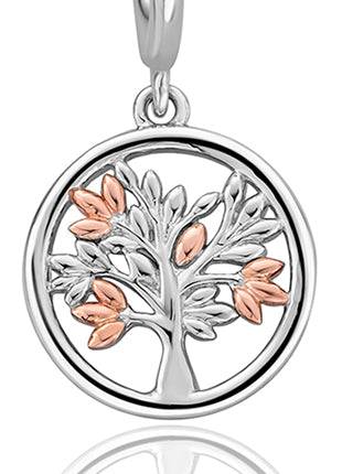 A silver and rose gold CLOGAU Tree of Life Drop Earring charm.