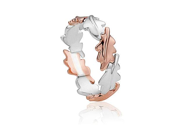A Clogau Royal Clogau® Oak Ring 3SOLR with two leaves in rose and white gold.