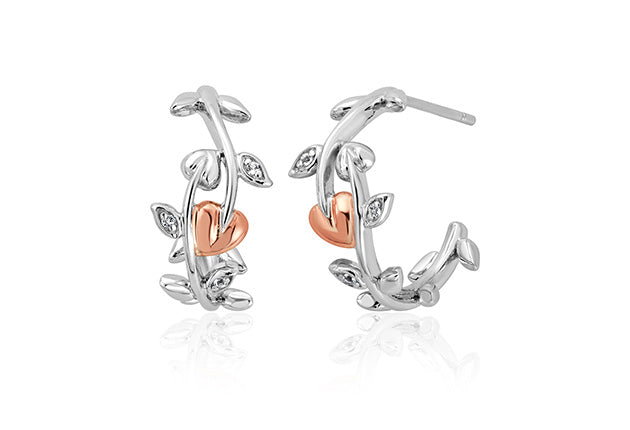 A pair of NEW Clogau Vine of Life White Topaz Half Hoop Earrings 3STOL0235 with diamonds.