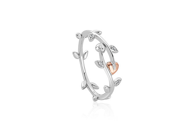 A NEW Clogau Vine of Life White Topaz Ring 3STOL0236 with a heart on it.