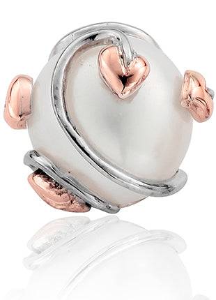 A white Clogau Tree of Life® Caged Pearl Stud Earrings 3STOLCPE and rose gold bead with hearts.