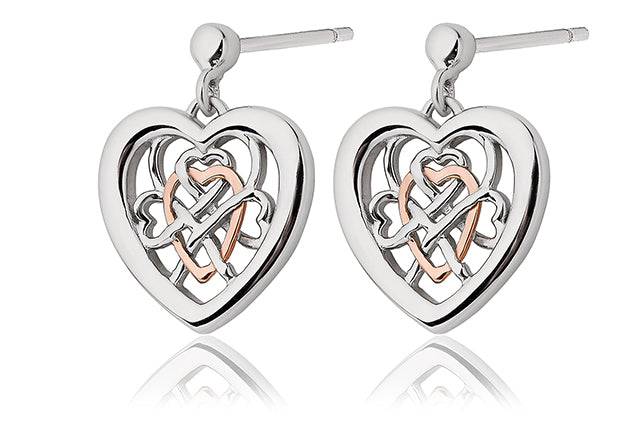 A pair of Clogau Welsh Royalty Heart Stud Earrings 3SWLRE in silver and rose gold.