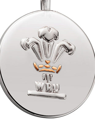 A Clogau Welsh Rugby Union and Welsh Dragon Pendant 3SWRUWDP with the word wales on it.