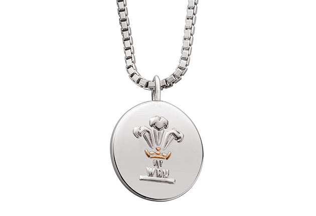 A silver Clogau Welsh Rugby Union and Welsh Dragon Pendant 3SWRUWDP necklace with a wales flag on it.
