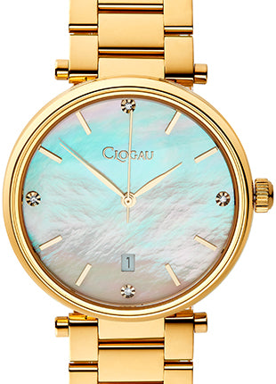 A Ladies Classic Mother of Pearl Clogau Yellow Gold-Plated Stainless-Steel Watch 4S00007 with a mother of pearl dial.