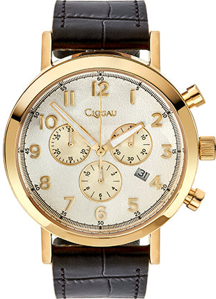 A Gents Essential Clogau Yellow Gold Coloured Watch 4S00021 with a gold dial and brown leather strap.