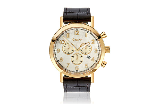 A Gents Essential Clogau Yellow Gold Coloured Watch 4S00021 with black leather straps on a white background.