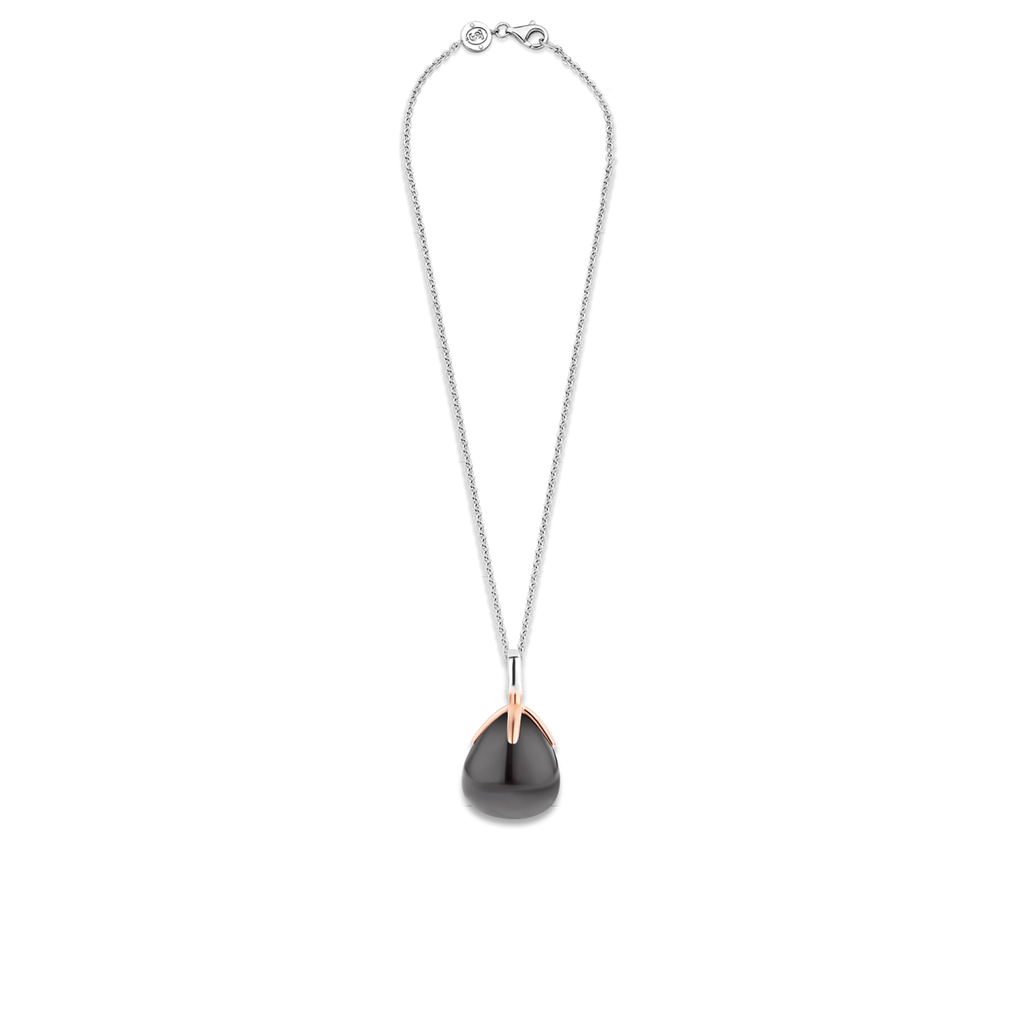 A TI SENTO FLOWER BUD PENDANT. 6765GB with a black stone and rose gold chain.