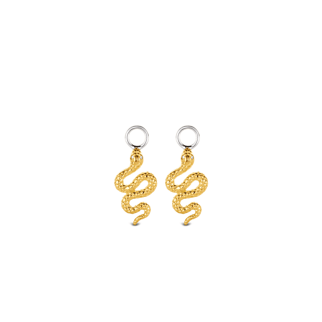 A pair of TI SENTO Milano Ear Charms 9200SY snake earrings on a black background.