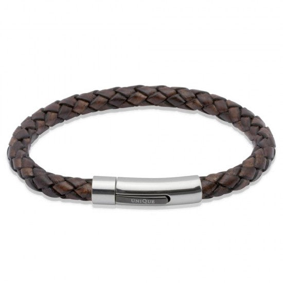 A MEN'S LEATHER BRACELET DARK BROWN BY UNIQUE & CO_2 with a stainless steel clasp.