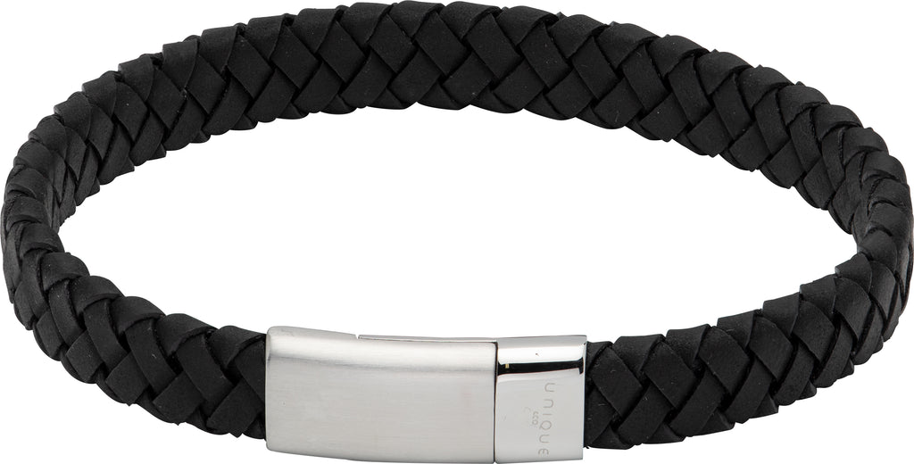 A MEN'S LEATHER BRACELET BLACK B476BL BY UNIQUE & CO with a stainless steel clasp.