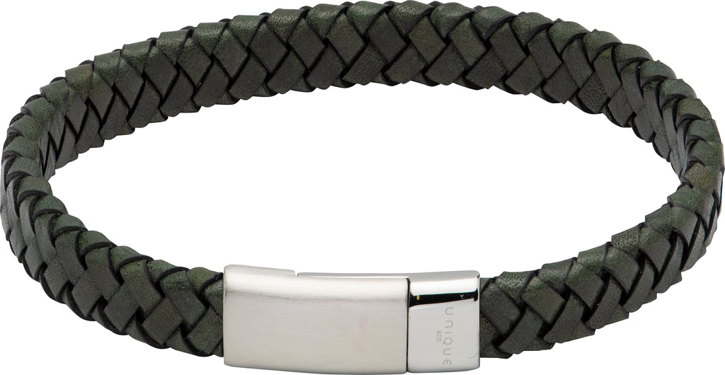 A MEN'S LEATHER BRACELET DARK GREEN BY UNIQUE & CO_2 with a silver clasp.