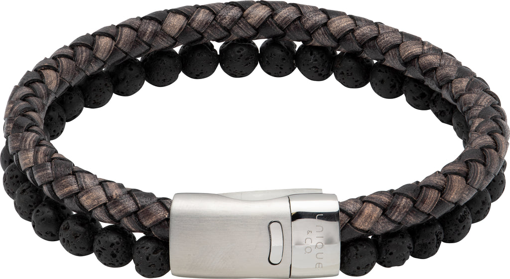 A black and brown braided MEN'S TIGERS EYE & STEEL BRACELET BY UNIQUE & CO_2 with a silver clasp.