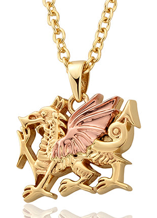 A Clogau Gold Welsh Dragon Pendant D004 on a gold chain.