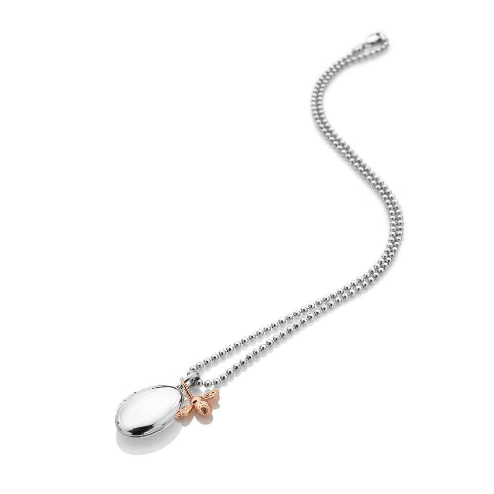 A silver and rose gold Hot Diamonds Bee Locket necklace with a pendant.