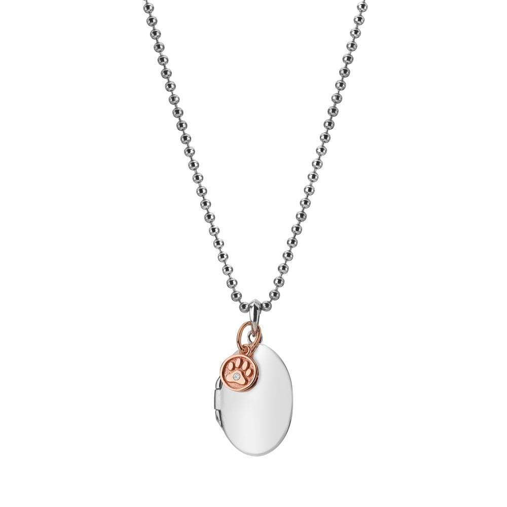 A silver and rose gold Hot Diamonds Dog Paw Locket necklace.