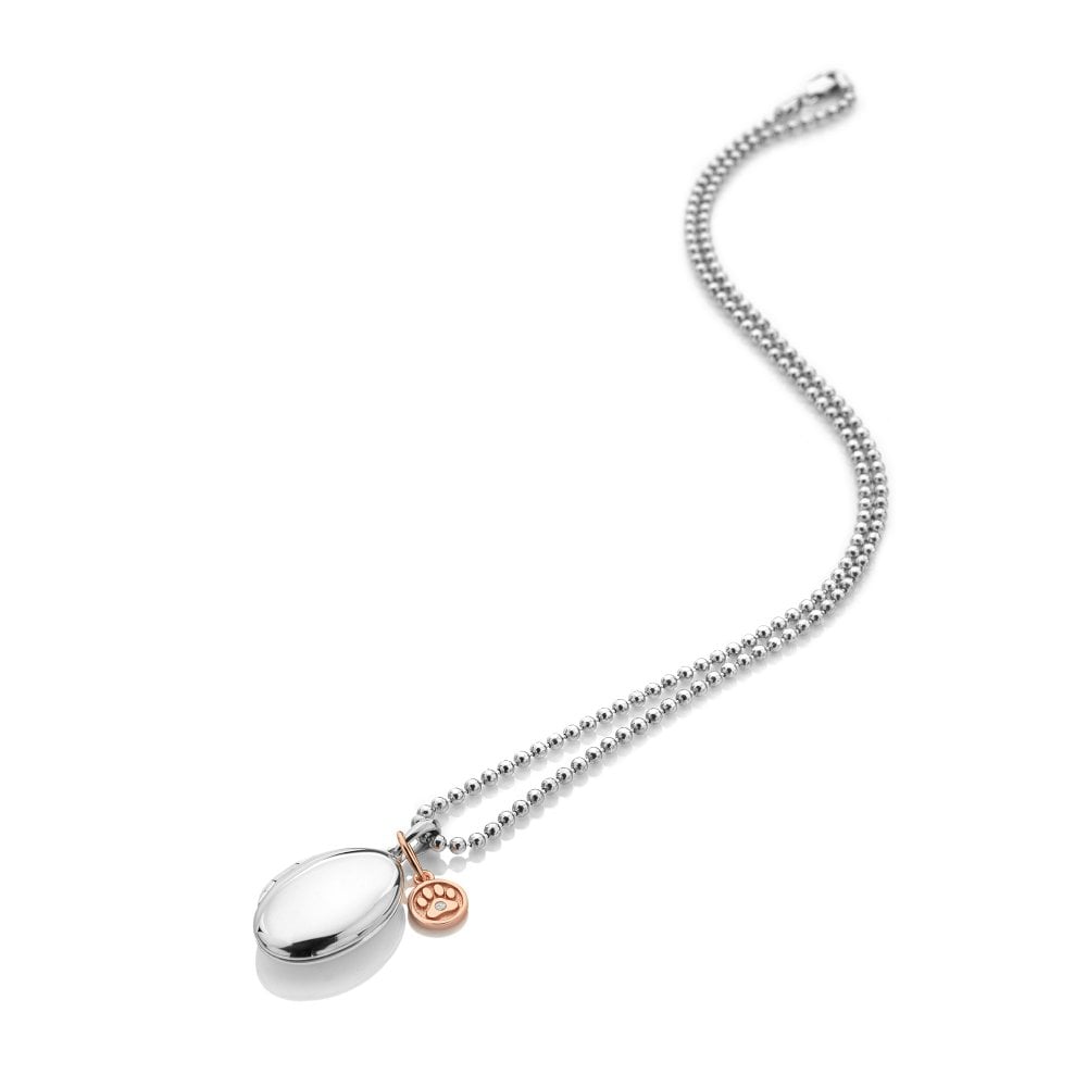 A silver and rose gold Hot Diamonds Dog Paw Locket necklace with a tear shaped pendant.