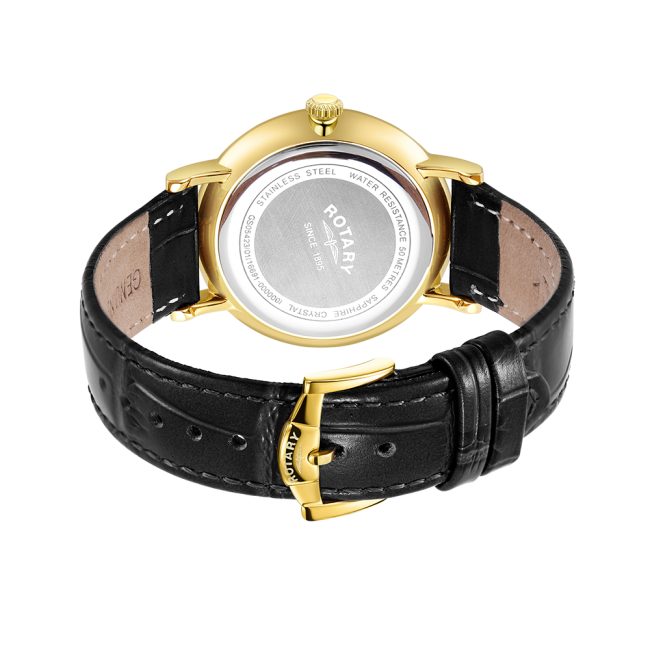 A ROTARY WINDSOR GENTS WATCH with a gold buckle.