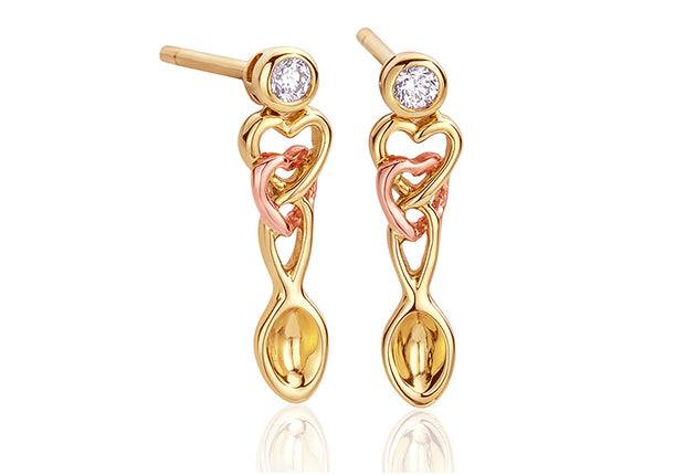 A pair of Clogau Lovespoon Earrings LSDE1 in yellow gold and rose gold.