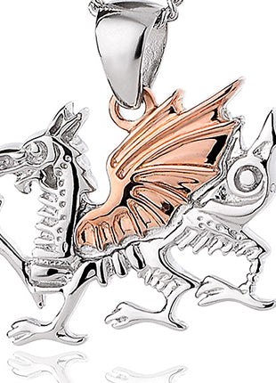 A silver and rose gold Clogau Welsh Dragon® Pendant SD003 on a chain.