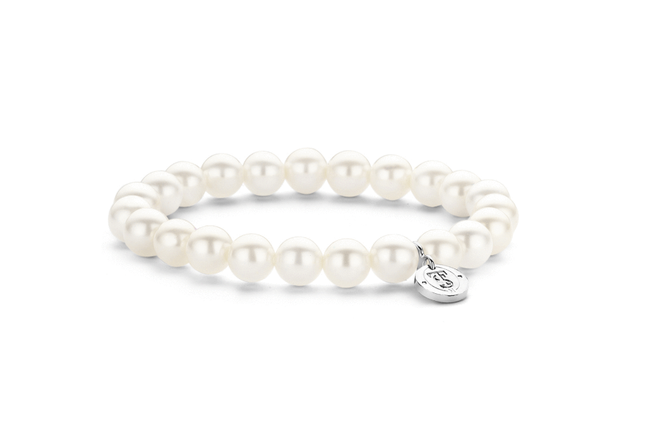 A white Ti Sento – Milano pearl bracelet with a charm on it.